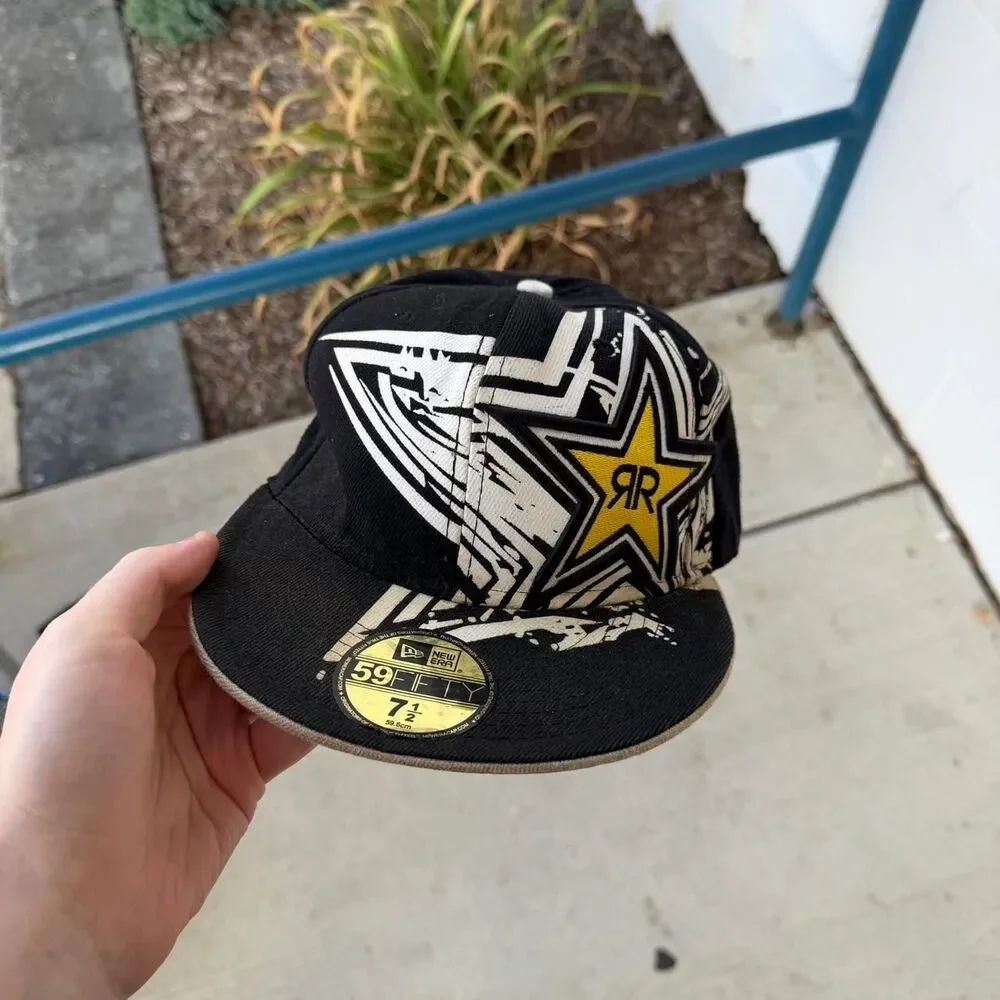 New Era Rockstar Energy Black Cap White and Yellow Star Graphic Size 7 1/2